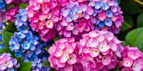 Fototapeta premium A vibrant gradient of pink, purple, and blue hydrangeas , background, blossom