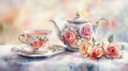 Fototapeta premium Watercolor illustration of British afternoon tea,tea break in the English style,tea set with Afternoon tea stand with macaroons and scone,cake,cup of tea,Tea time dessert table,vintage style.