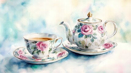 Fototapeta premium Watercolor illustration of British afternoon tea,tea break in the English style,tea set with Afternoon tea stand with macaroons and scone,cake,cup of tea,Tea time dessert table,vintage style.