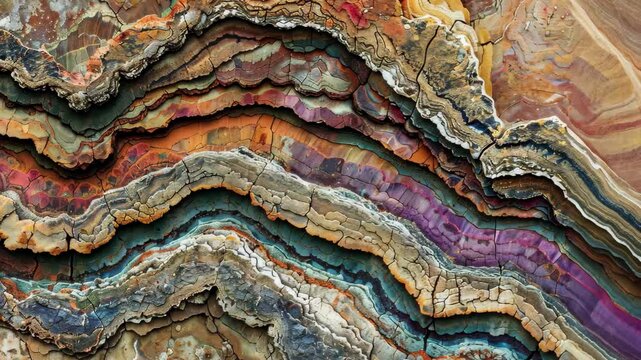 The videograph showcases a close-up of colorful rock layers, revealing intricate textures and patterns that highlight nature's artistry and geological history.