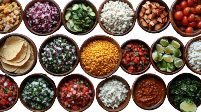 Taco Ingredients: A vibrant display of fresh ingredients, arranged in rustic bowls, invites you to assemble your own delicious tacos. From corn tortillas and cilantro to diced tomatoes and red onions.