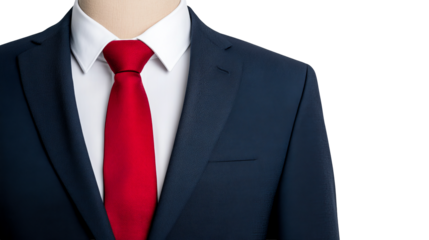 Red tie and blue suit on mannequin, cut out transparent