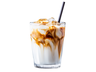 Refreshing iced coffee beverage in a glass with creamy swirls, cut out