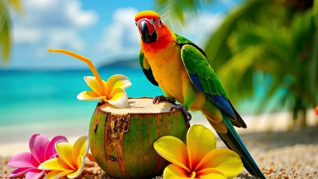 A bright parrot rests by a coconut drink, surrounded by tropical flowers on a sunny beach with ocean views