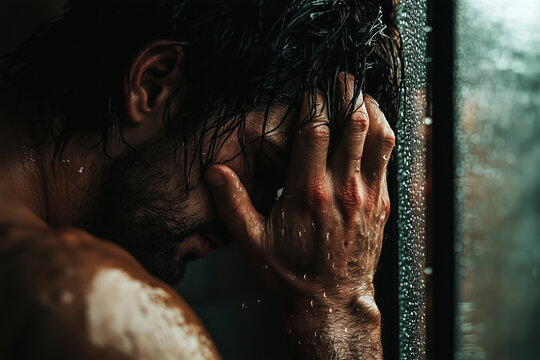 A poignant depiction of sadness and solitude, a man's emotional turmoil reflected in his posture and the rainy setting. A powerful image of human vulnerability.