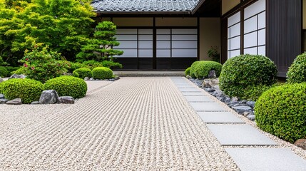 Peaceful zen garden with raked gravel and stones japanese home minimalist design tranquil environment serene view
