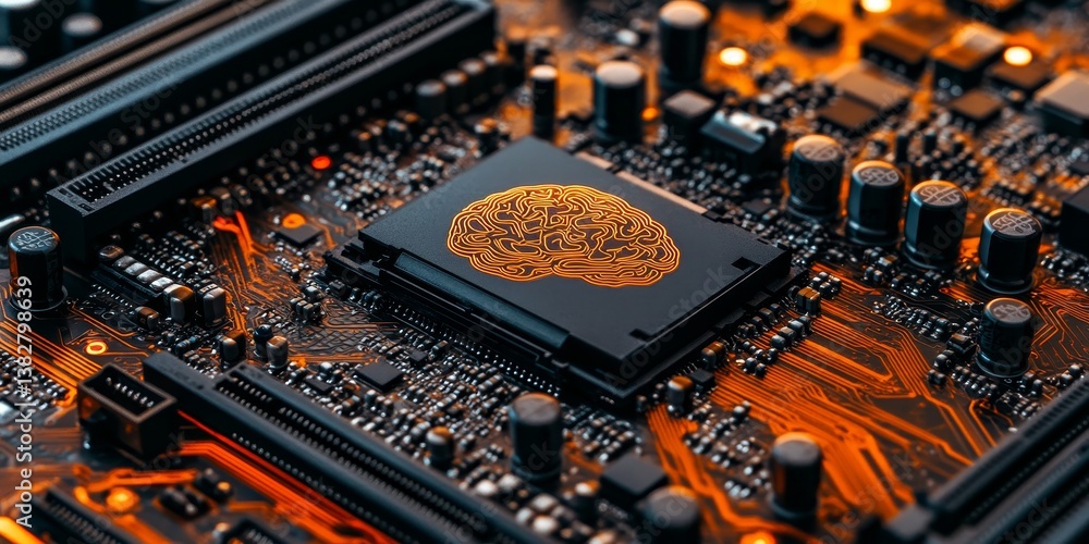 Poster ai chip on circuit board symbolizing artificial intelligence, machine learning, and computing power