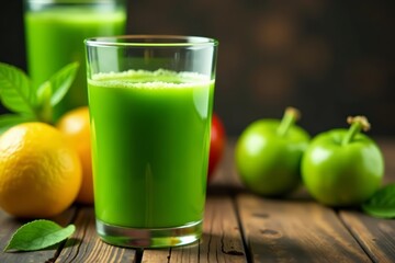 Fototapeta premium Close-up of a glass of vibrant green juice with fruits and vegetables on a wooden table, wooden, glass, vibrant