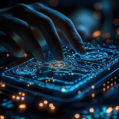 Human hand interacting with digital data interface · Futuristic mobile technology, AI connection and data visualization concept for UX, innovation and security