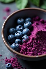 Close-up of blueberries mixed with purple matcha and black powders in a bowl, artistic food styling, powders, vegan, natural
