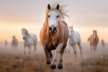 Obraz premium Majestic herd of horses galloping through dusty open field at sunset