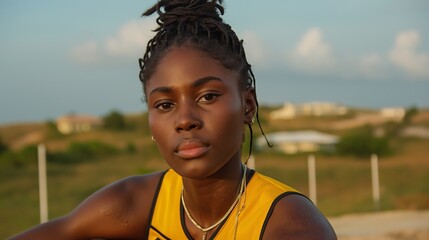 Young african female outdoors in yellow sportswear with natural hairstyle