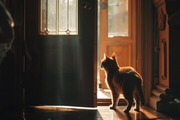 a cat stands in front of a door, meowing