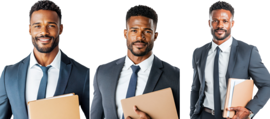 Portrait of a Black man in a business suit holding a file folder, isolate on white background. Set Collection Png.