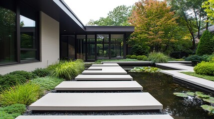 Serene modern japanese garden with tranquil water features urban setting high-quality image peaceful viewpoint