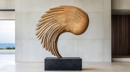 Dynamic sculptural decor displaying chaos in coastal resort lobby gigapixel quality modern aesthetic
