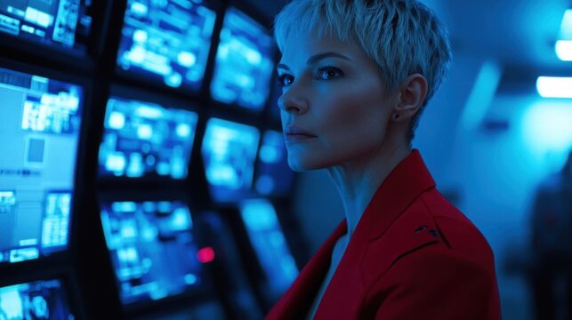 Focused woman in control room.