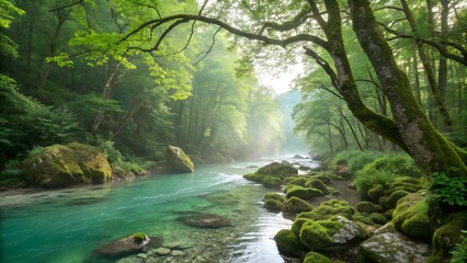 Scenic Waterfall and River Stream in Forest – Natural Flowing Water and Mountain Landscape