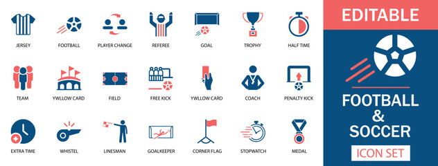 Football Soccer Icon Set  Editable football and soccer icon set featuring jerseys, referees, trophies, penalty kicks, goalkeepers, and more in a modern vector style. © Kay
