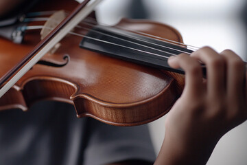 Child learns to play violin with focused attention in a bright room during a music lesson