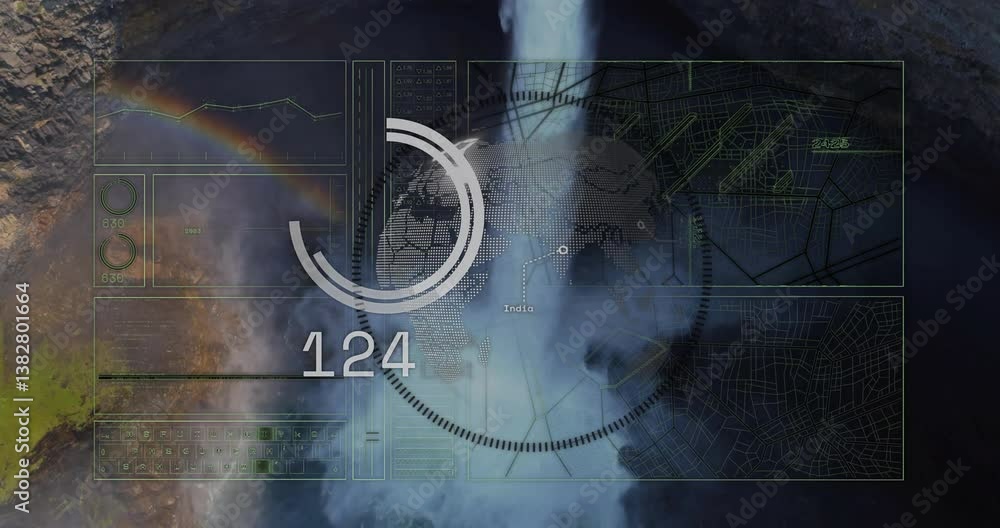 Poster digital data and map overlay animation over waterfall and rainbow scene