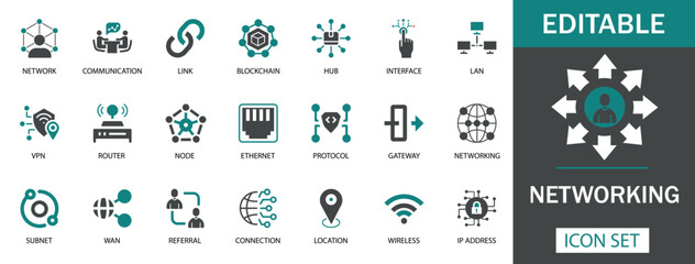 Networking Icon Set Modern networking icon set featuring symbols for network, communication, blockchain, LAN, VPN, router, protocol, gateway, node, Ethernet, wireless, and more.