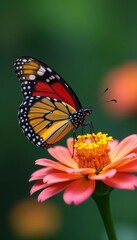 Fototapeta premium Close up of colorful butterfly perched on vibrant flower at park, park, flower, pollination