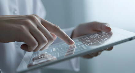 Digital Interface: Hands Interacting with Tablet Displaying Data.