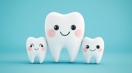 Fototapeta premium A cheerful illustration of a happy tooth family, set against a bright blue background, exuding a fun and friendly vibe.