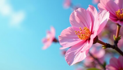 Fototapeta premium Close-up of delicate petals and fresh foliage against blue sky, beautiful, blue sky
