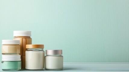 A collection of jars with various contents, arranged on a light green surface, showcasing a calming and organized aesthetic.