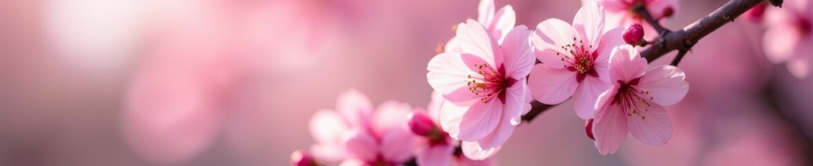 Fototapeta premium Close-up of delicate pink cherry blossoms on tree branches with shallow depth of field, fresh, bloom, flowers
