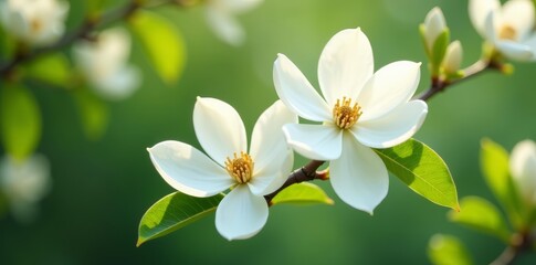 Obraz premium Close-up of delicate white magnolia flowers on a branch with fresh green leaves, vibrant, springtime