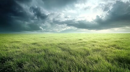 Expansive grassy plains under stormy sky.