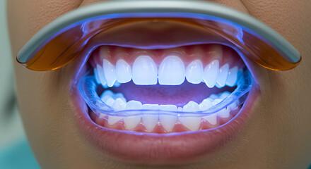 Naklejka premium Open mouth with dental retractor illuminated by blue light for teeth whitening.