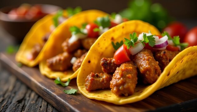 Colorful array of pork carnitas tacos with salsa and onions, food, delicious, pork - Powered by Adobe