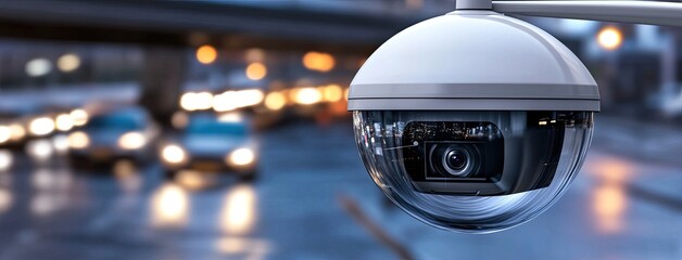 Outdoor security camera watches over busy New York streets at night, capturing cars and pedestrians against bright city lights
