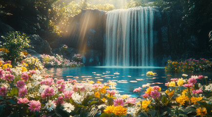 waterfall in the park by flowers nature background