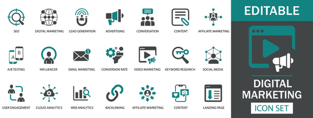 Digital Marketing Icon Set A modern digital marketing icon set featuring SEO, advertising, social media, influencer marketing, conversion, email marketing, keyword research, web analytics, and more.