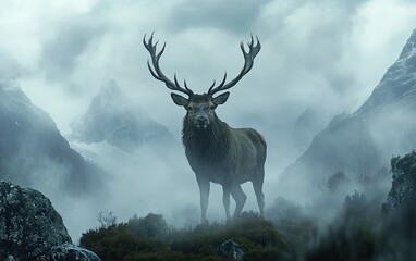 Naklejka premium Majestic stag in misty mountains