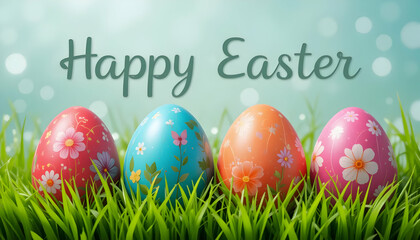 A template of a collection of Easter eggs celebrating a Happy Easter with green meadow grass 