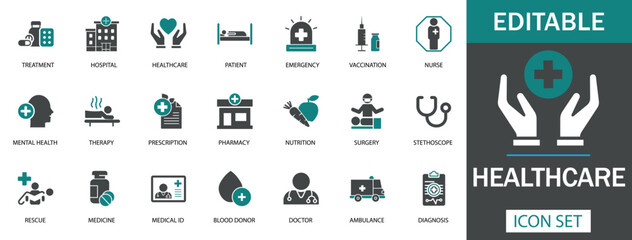 Healthcare Icon Set  A professional healthcare icon set featuring hospital, treatment, patient, emergency, nurse, vaccination, surgery, pharmacy, doctor, and diagnosis icons. Ideal for medical designs