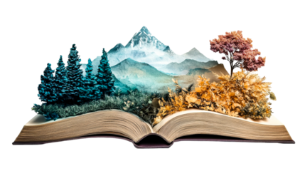 Open book with mountain and forest landscape illustration, cut out transparent