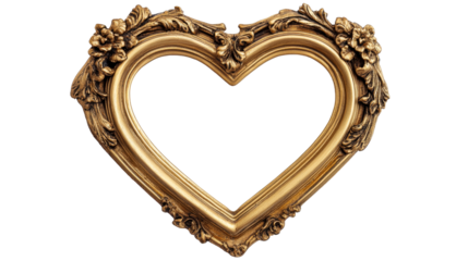 Ornate golden heart frame, vintage style carving, decoration, cut out transparent