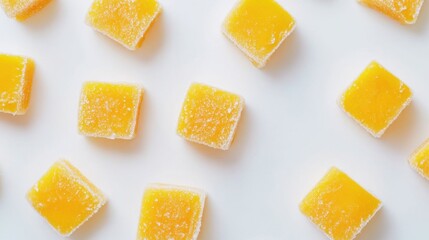 Frozen mango cubes on a white background.