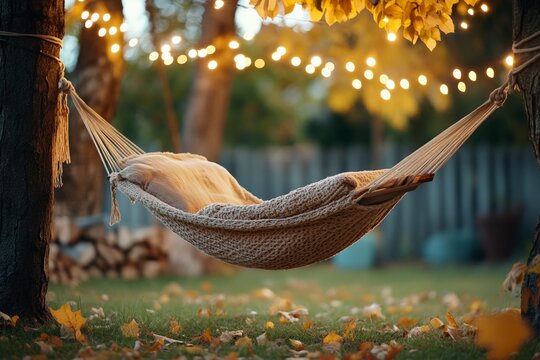 Cozy autumn hammock scene with warm lights and falling leaves in a serene backyard