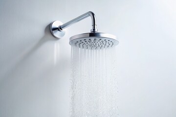 Minimalist Bathroom Shower Cubicle: White Walls, Watering Can Showerhead, Water Droplets