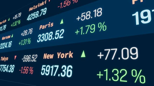 Stock exchange data and information about Zurich, Tokyo, Paris, London, New York. Financial markets, investment,  analyzing, business, trading, strategy. Concept, 3D animation