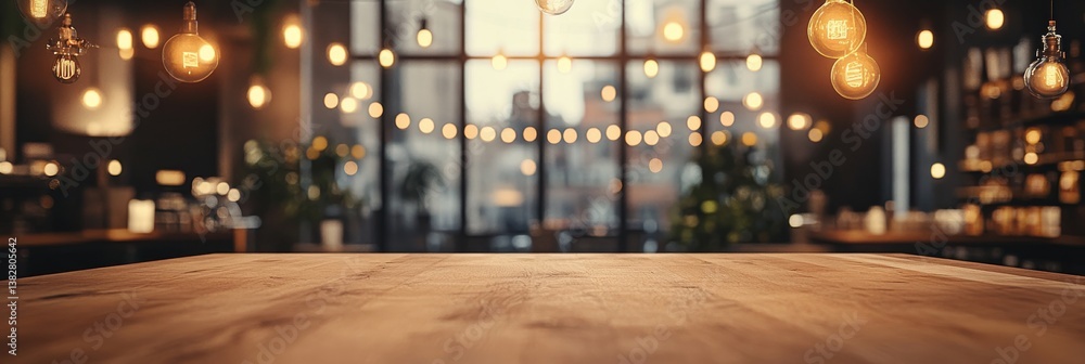 Poster an unoccupied wooden table inside a store serves as a plain and natural display platform
