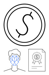 Coin sign within circle, face with geometric recognition pattern, and certified document outline. Ideal for finance, security, identity verification, AI, fintech, authentication digital
